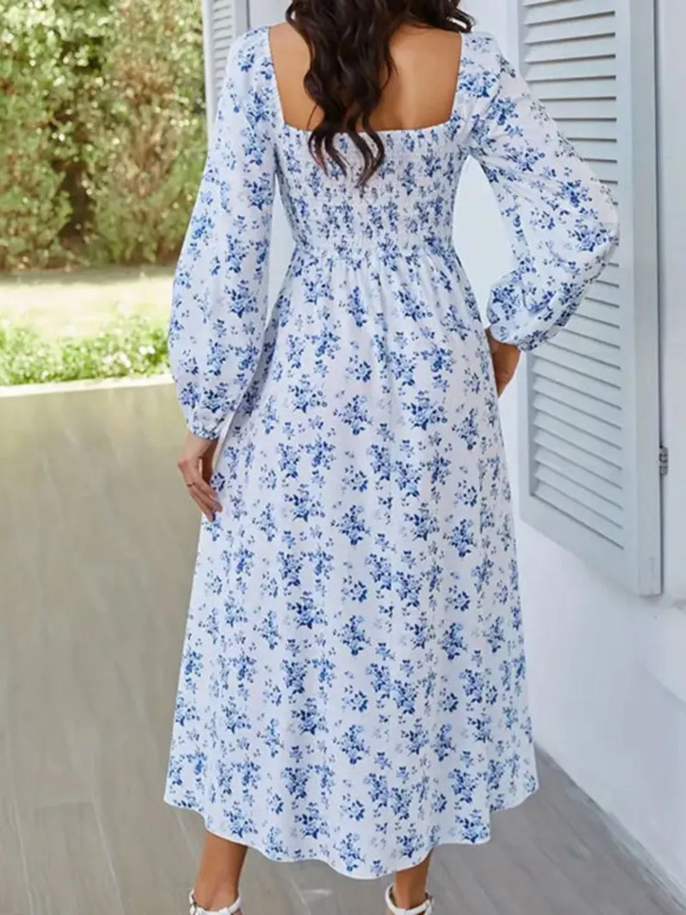 Blue floral dress with puff sleeves