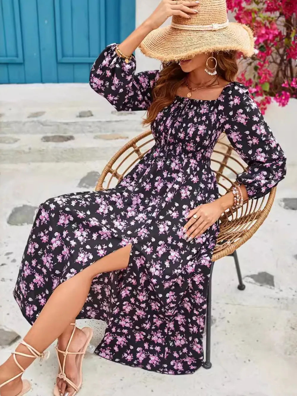 Feminine purple floral midi dress with romantic details from Keepsake Garden Co.