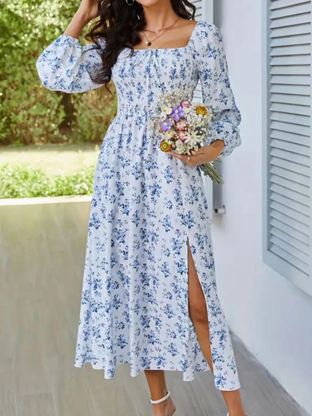 Front view of blue floral dress