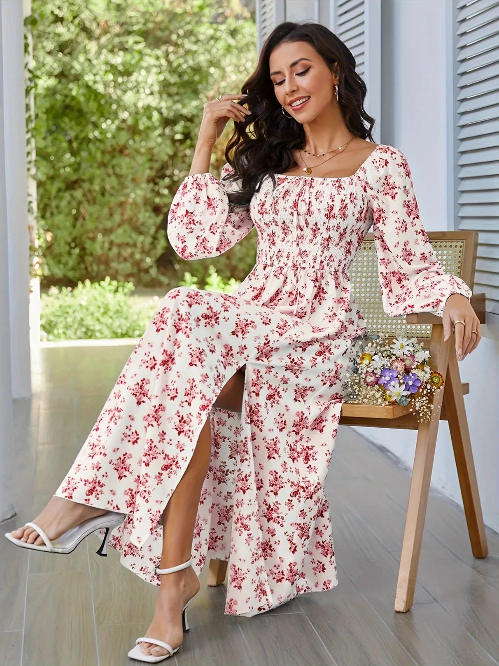 Front view of red floral midi dress